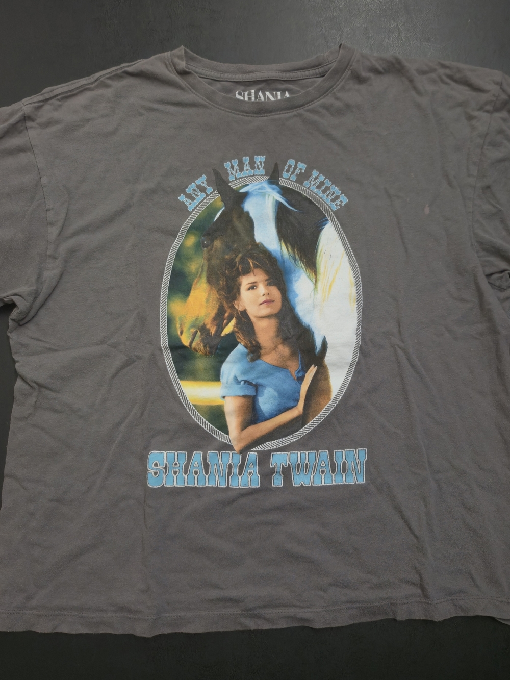 Shania Twain Graphic Crop Top - Gray with Blue Print